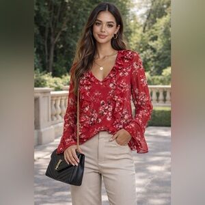 Divided Red Floral Ruffle Blouse